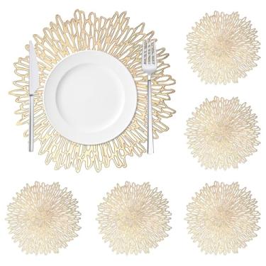 Imagem de Conjunto de 6 jogos americanos dourados, tapetes de mesa em formato de coral, 38 cm, para decoração de mesa de festa de casamento de Ação de Graças, Natal, Halloween, festa de casamento