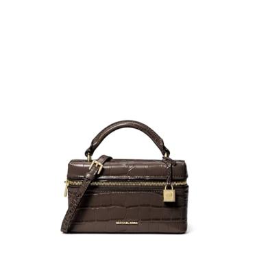 Imagem de Michael Kors Jana Bolsa transversal extra pequena com alça superior, ferragens douradas/couro em relevo de crocodilo/chocolate