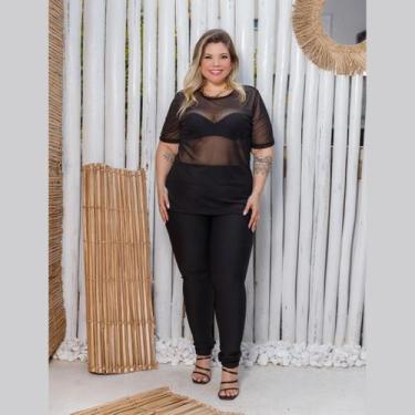 Imagem de Blusa Tule Transparente Manga Curta Feminina Plus Size, Sexy, Moderna,