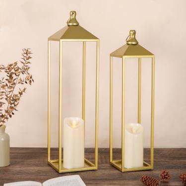 Imagem de Lanternas grandes decorativas de 56 cm e 48 cm, para uso interno, conjunto de 2 velas metálicas douradas com velas sem chamas, lanternas modernas para manto, pátio, varanda, jardim, decoração de casa