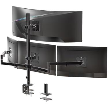 Imagem de WALI Suporte de mesa extra alto para monitor quádruplo para Ultrawides de até 124.5 cm no suporte central e telas de 81.3 cm nos suportes laterais, comporta até 20 kg (M004S-P), preto