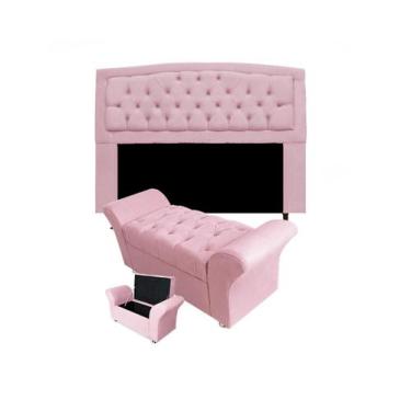 Imagem de Cabeceira Geovana e Calçadeira Veneza Baú Queen 160cm Suede Rosa Bebe 