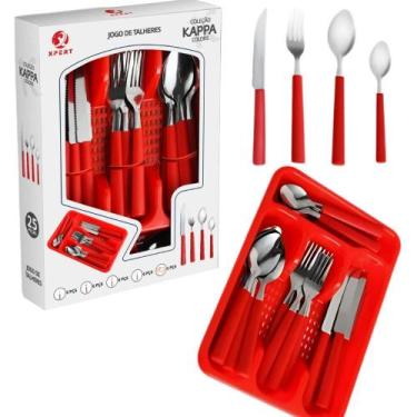 Imagem de Faqueiro Conjunto Jogo de Talheres Aço Inox Cabos de Plástico 25 Peças