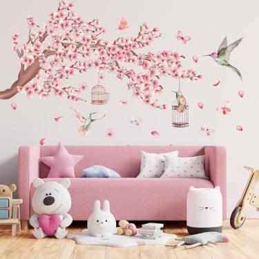 Imagem de Decalques de parede de flor de cerejeira e beija-flor, adesivos de parede com tema de natureza com flor, gaiola e borboleta, decalque de parede de vinil removível para quarto, sala de estar, janela de