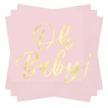 Imagem de Guardanapos de almoço rosa "Oh Baby" com estampagem de folha dourada - 16 unidades, perfeitos para chás de bebê, festas reveladoras de gênero e uso diário