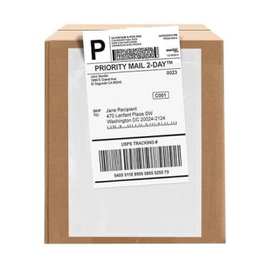 Imagem de Envelopes de etiqueta de envio de 100 unidades, 17,78 x 25,4 cm, bolsas transparentes para lista de embalagem com verso autoadesivo, carregamento superior para mangas de etiquetas de envio, guias de