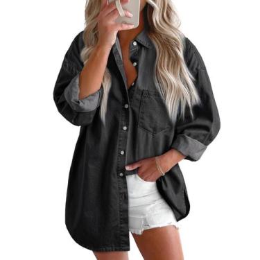 Imagem de Camisa jeans Astylish feminina com decote em V, blusa com botões, pret