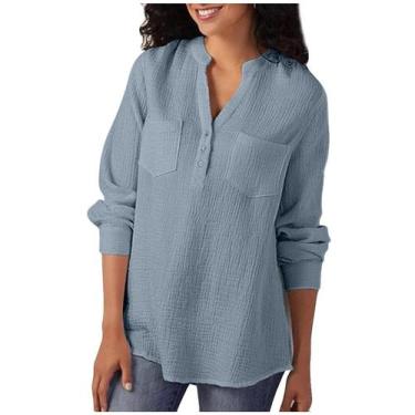 Imagem de Camiseta feminina com decote em V de algodão manga comprida plus size 