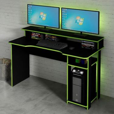 Imagem de Mesa Gamer 136cm com Porta CPU Nicho Aberto MDP Preto/Verde Prateleira