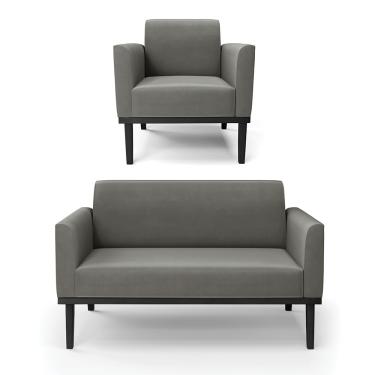 Imagem de Sofá Namoradeira com Poltrona Base de Madeira Fixa Preto Marisa Suede Grafite  D03 - D'Rossi