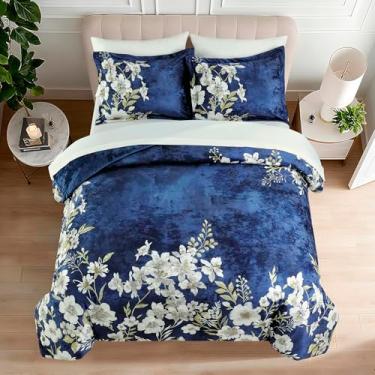 Imagem de Sunshine Nicole Conjunto de edredom reversível, frente de veludo envelhecido estampado e reverso de veludo envelhecido, 3 peças queen azul marinho, com enchimento de poliéster macio