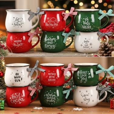 Imagem de Zubebe Conjunto de 12 canecas de café de Natal, 340 g de cerâmica de cacau quente para mãe, mulher, família, amiga - decoração de bandeja em camadas de casa de fazenda, decoração de cafeteria (verde