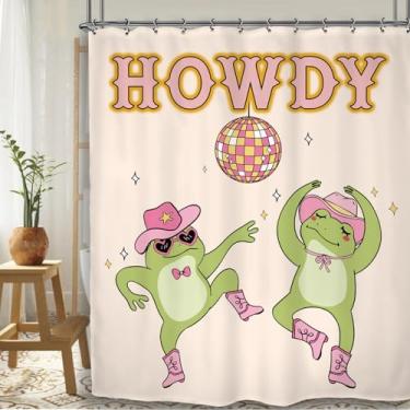 Imagem de Yookeb Cortina de chuveiro de banheiro Funny Frog Howdy 60W x 71H polegadas Animal Hilarious Groovy Funky Trendy Cowgirl 70s tecido de poliéster 12 ganchos de plástico à prova d'água decoração