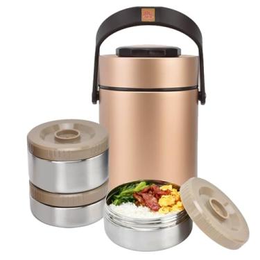 Imagem de Garrafa Térmica De Almoço Para Alimentos Quentes, Portátil, 3 Camadas, Empilhável, Recipientes De Alimentos Quentes, Lancheiras, Aço Inoxidável, Isolado A Vácuo, Jarra De Alimentos(Ouro)