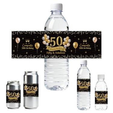 Imagem de ANATTASOUL 30 etiquetas para garrafas de água 50º aniversário com balões adesivos à prova d'água, 21,6 cm x 6,4 cm adesivo retangular para garrafa de água para casamento, aniversário, festa, evento