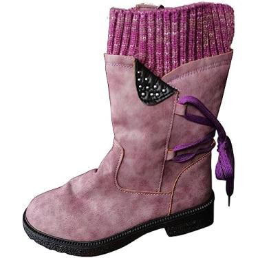 Imagem de Botas femininas de cano curto com bico redondo para neve moda feminina com cadarço salto baixo botas curtas com zíper lateral botas quentes de camurça antiderrapante, Roxo, 9.5