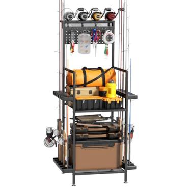 Imagem de YQSLYSF Suportes de vara de pesca para garagem com quadro de pegboard e cesta de malha de metal, suporte de vara de pesca vertical para até 12 bastões, organizador de equipamentos