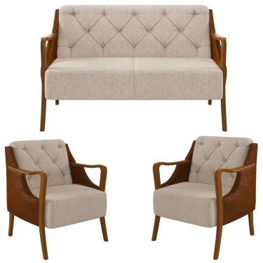 Imagem de Kit Namoradeira 135cm E 2 Poltronas Decorativas Capitonê Lapa M22 Pu Camel/linho Cru - Mpozenato