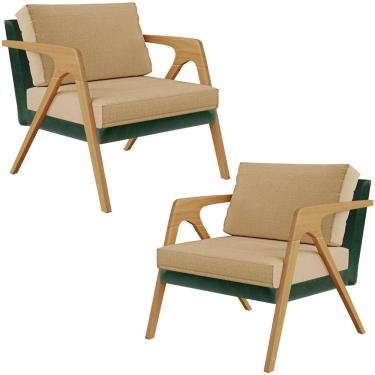 Imagem de Kit 02 Poltronas Decorativas Sala Estar Pietra L02 Facto Verde Musgo Linho Bege Escuro - Lyam Decor