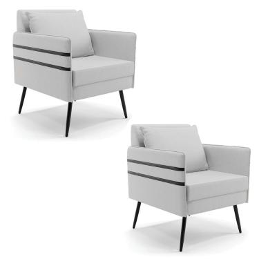 Imagem de Kit 02 Poltronas Linho Cinza A05 Pés Palito De Ferro Preto