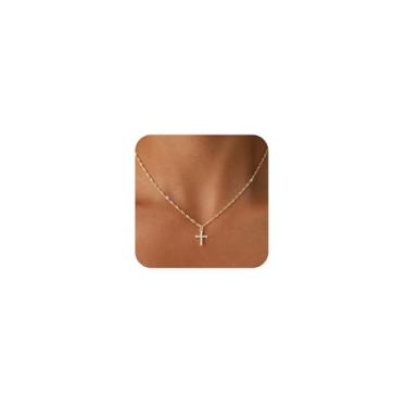 Imagem de Amicon Colar feminino com cruz de ouro delicado banhado a ouro 14 K com pingente de cruz de diamante simples, colares de cruz com pingente de fé, joias modernas, presentes, Latão, Sem Pedra Preciosa