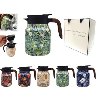 Imagem de Seodon Garrafa térmica vintage com estampa floral, bule térmico Doresty, infusor embutido em padrão floral vintage, garrafa térmica de aço inoxidável com tampa para bebidas quentes (verde, cabo de