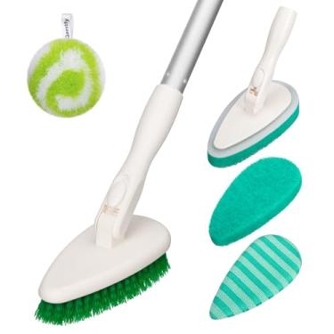 Imagem de Qaestfy Esfregão de chuveiro 4 em 1 para banheira e azulejos, escova de limpeza de banheiro de cabo longo de 138 cm com cerdas macias e rígidas, limpador antiarranhões para banheira e chão