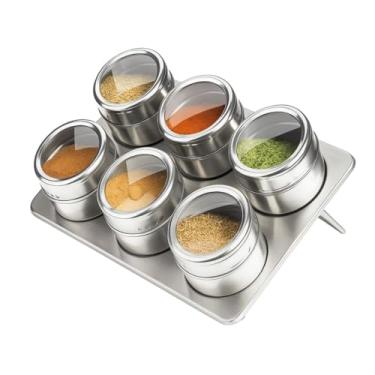 Imagem de Kit 6 Potes Porta Condimento Inox Magnético Com Base Suporte Imã 75ml Organizador Cozinha