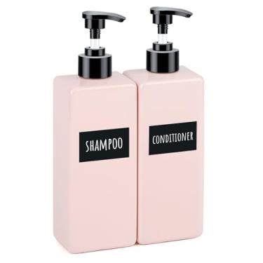 Imagem de Segbeauty Dispensador de sabonete de 480 ml, recarregável, 2 frascos de loção de banho rosa com etiquetas, frascos de xampu e condicionador quadrados de plástico de 500 ml para banheiro, dispensador