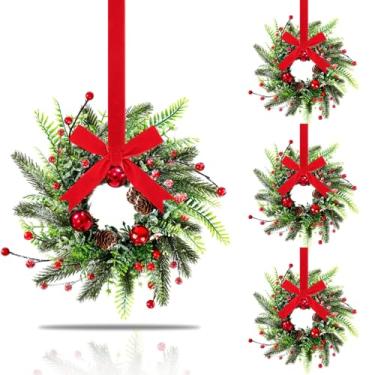 Imagem de 4 grinaldas de Natal de 23 cm para armário de cozinha, guirlanda de cedro artificial para pendurar em pinheiro com bolas de Natal para porta da frente, Natal, inverno, fazenda, decoração de casa