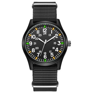 Imagem de YOOTEN Relógio analógico masculino militar luminoso de quartzo fino (mostrador preto - verde e marca laranja)
