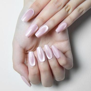 Imagem de Pregos curtos de pressão de caixão, pontas de unhas postiças nude olho de gato com acabamento brilhante, kit de unhas reutilizáveis com abas adesivas mini lixa de unha, 24 peças