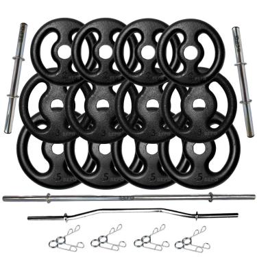 Imagem de Kit 40Kg em Anilhas de Ferro com Barras de 40cm e 1,60m + Barra W 1,20m-Unissex