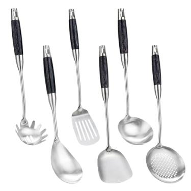 Imagem de FJNATINH Utensílios de cozinha de aço inoxidável, conjunto de 6 utensílios de cozinha com cabo de madeira, espátula wok, concha de sopa, colher de escumadeira, espátula com fenda, servidor de
