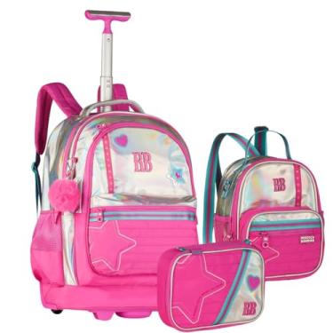 Imagem de Kit Mochila de Costas e Rodas Estojo Box e Lancheira 2x1 Holográfico Fashion Rebeca Bonbon Escolar Trabalho Faculdade Rosa