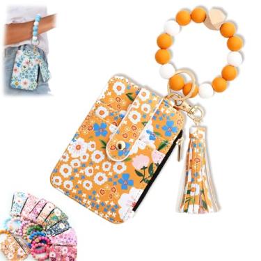 Imagem de Chaveiro feminino Boho com contas e estampa de flores, carteira de pulso Boho para mulheres, estilo boêmio, franjas, porta-chaves, carteira, porta-cartões de crédito, Amarelo (Sunshine Yellow)