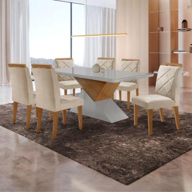Imagem de Mesa Sala De Jantar Aster 180cm E 6 Cadeiras Melissa Moderna Veludo Creme/off White/imbuia