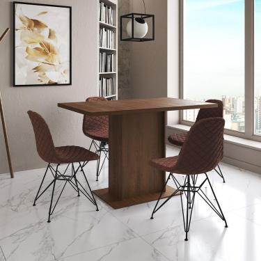 Imagem de Mesa Jantar Londres Tampo Amêndoa 120Cm 4 Cadeiras Ferro Preto Estofado Caramelo