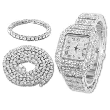 Imagem de richhut Relógio de diamante masculino - mostrador quadrado - pulseira de 20 mm de largura banhado a ouro real 18 k ouro branco banhado a platina, com conjunto de corrente de tênis opcional, presente