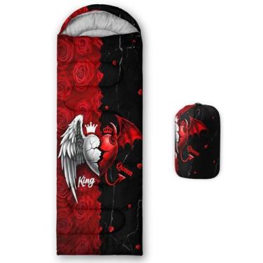 Imagem de QOOMO Sacos de dormir à prova d'água com coração vermelho preto para adultos e crianças, sacos de dormir impressos para acampamento, viagens e ao ar livre, equipamentos de acampamento, 78,7 x 228,6 cm
