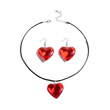 Imagem de HWJQ Conjunto de colar e brincos de coração grosso colar de resina com contas de coração de cristal amarelo brincos pendentes para mulheres joias de declaração, Middle, Resina, Sem Pedra Preciosa