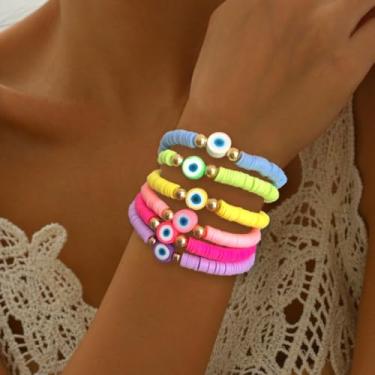 Imagem de 6 pulseiras com contas de olho turco para mulheres e meninas, conjunto de pulseiras coloridas de disco Heishi de argila, pulseiras boho empilháveis elásticas, lindas pulseiras de amizade de verão na