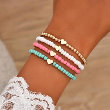 Imagem de Conjunto de 4 pulseiras elásticas com contas de coração para mulheres e meninas, pulseira boho empilhável colorida, pulseira de contas de ouro e contas de acrílico, linda pulseira delicada da amizade