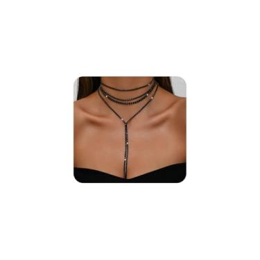 Imagem de Colar feminino de strass prata em camadas com zircônia cúbica preta conjunto de colares brilhantes longos Y Lariat colares modernos joias de festa de formatura presentes, Large, Cobre, Sem Pedra