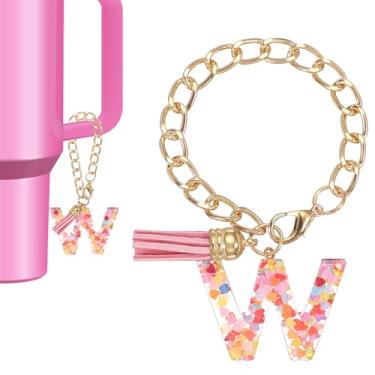 Imagem de Berloque de letras para copo Stanley, lindo pingente inicial W acessórios para chaveiro Stanley Tumbler Handle chaveiro personalizado para mulheres, rosa