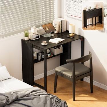Imagem de Dezyfurni BaBamboo Mesa dobrável, mesa dobrável para pequenos espaços, mesa de computador pequena de meados do século com estante para quarto, escritório em casa, preta