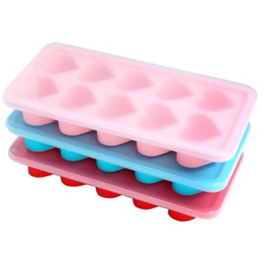 Imagem de 3 bandejas de cubos de gelo de coração, máquina de gelo, moldes de silicone com tampa removível, bandejas de gelo empilháveis com capas (rosa, azul, vermelho)