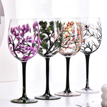 Imagem de Yuthsona 4 peças de taças de vinho pintadas à mão, quatro estações, caule de árvore, taças de vinho, colorido, outono, cálice de cristal, presente para anfitriã, aniversários, casamentos, festa de