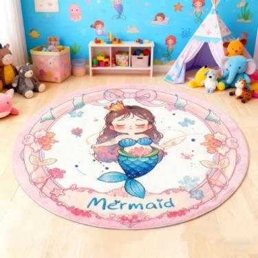 Imagem de Lacomfy Tapete rosa infantil redondo sereia para quarto de meninas, tapete macio, antiderrapante, lavável, colorido, para sala de jogos, adequado para quarto de crianças, sala de estar, berçário, 1,5
