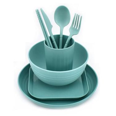 Imagem de Conjunto de 8 peças de palha de trigo, utensílios de cozinha, utensílios de mesa, pratos de jantar, tigela, xícara, prato, faca, garfo, pauzinhos, talheres (verde escuro)